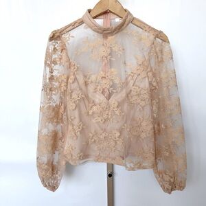 Peach Couture Women's Beige Sheer Floral Embroidered Blouse Size M Cropped